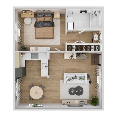 Floor plan for 1 bed, 1 bath, 700 sqft